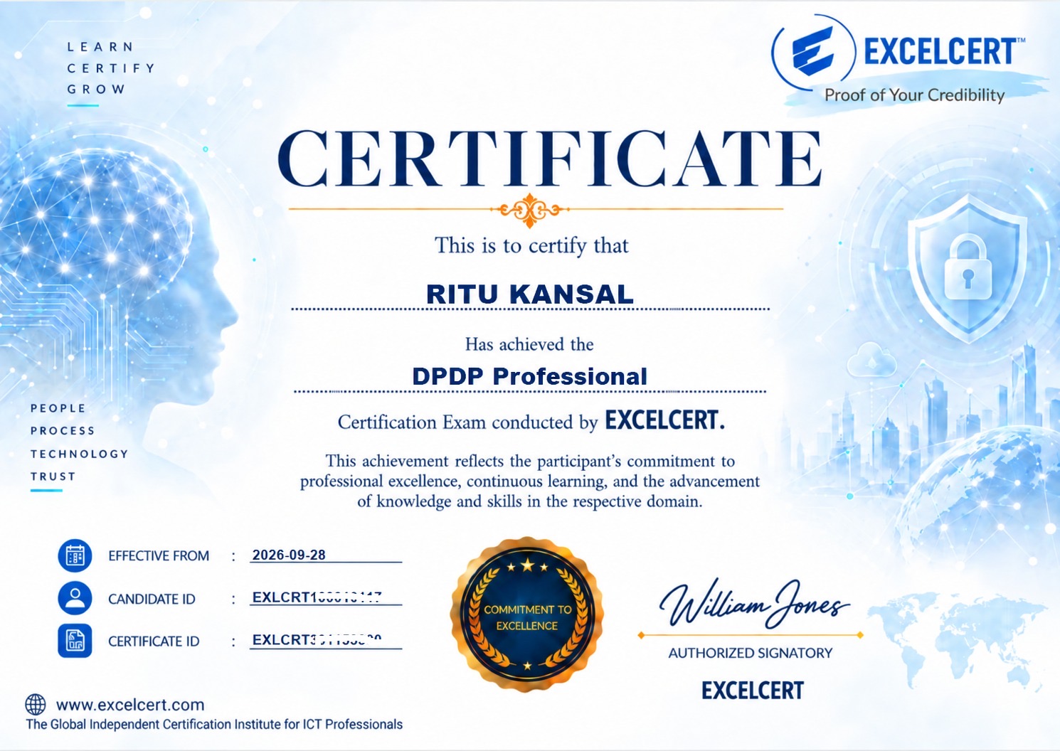 DPDP Professional sample certificate