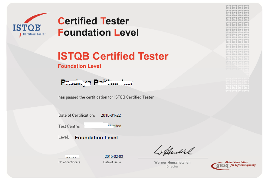 ISTQB Foundation sample certificate