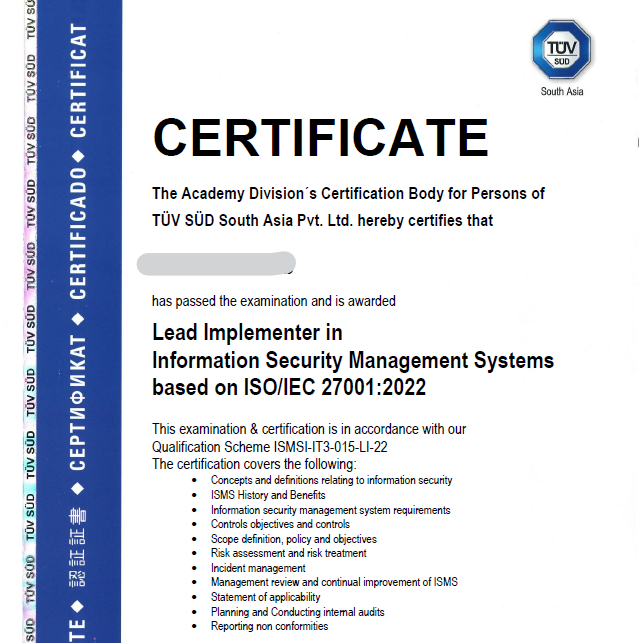 ISO 20001 Lead Implementer sample certificate
