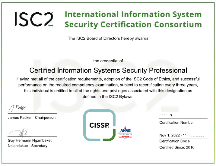 CISSP Certification Course sample certificate