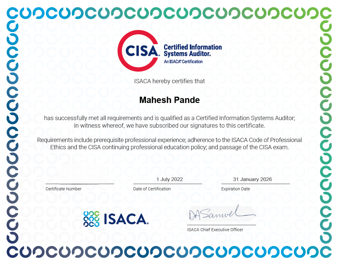 CISA (Certified Information Systems Auditor) Certification sample certificate