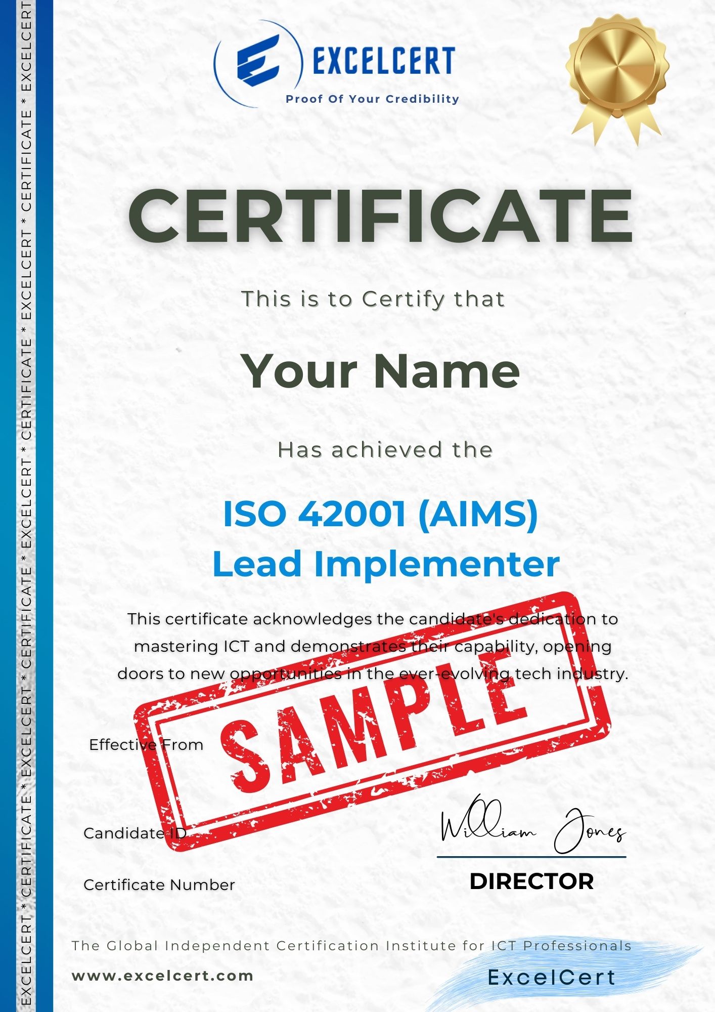 ISO 42001 Lead Implementer sample certificate