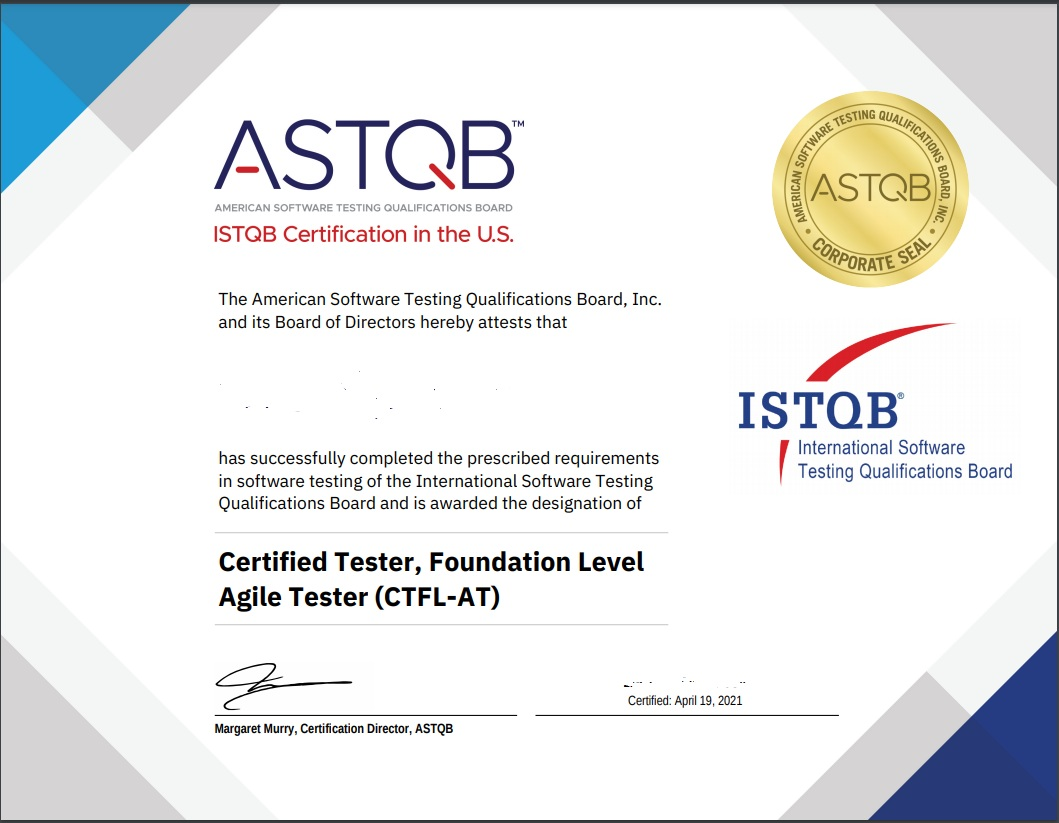 ISTQB Foundation Agile Tester sample certificate