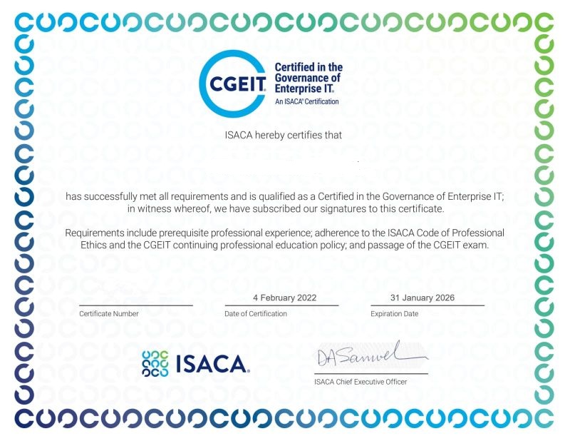CGEIT Certification Course sample certificate