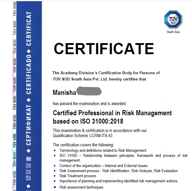 ISO 31000 Risk Manager sample certificate
